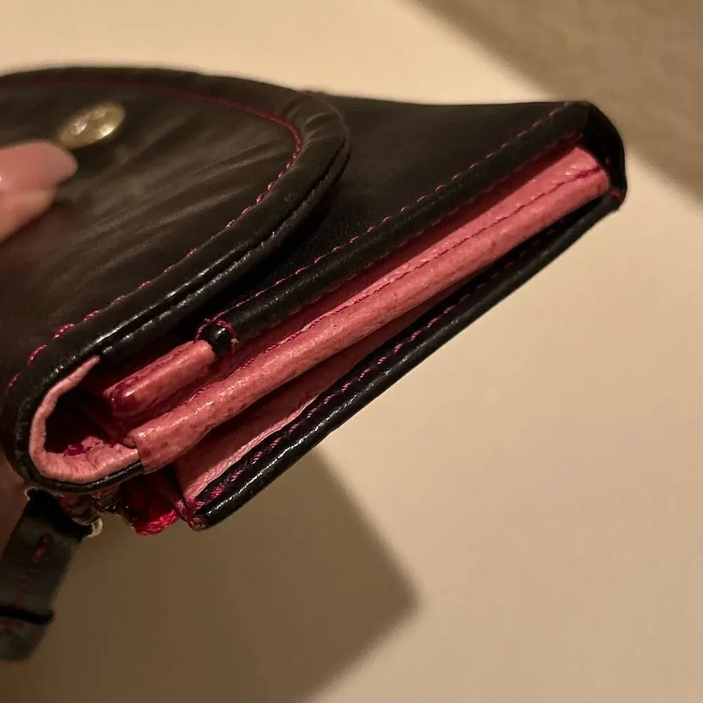Frame Work Black Leather Long Wallet Hot Pink Contrast Stitch Accent Y2K Style